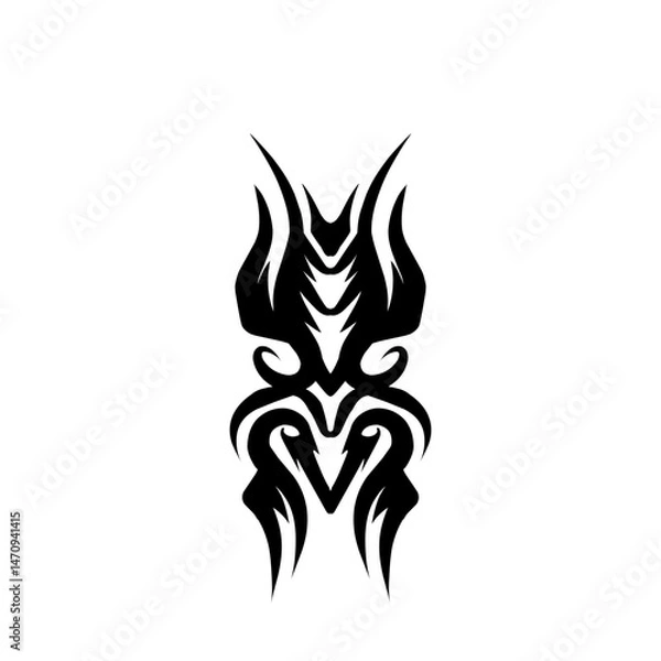 Fototapeta Intricate tribal tattoo design featuring sharp, flowing lines and symmetrical patterns on a blank background