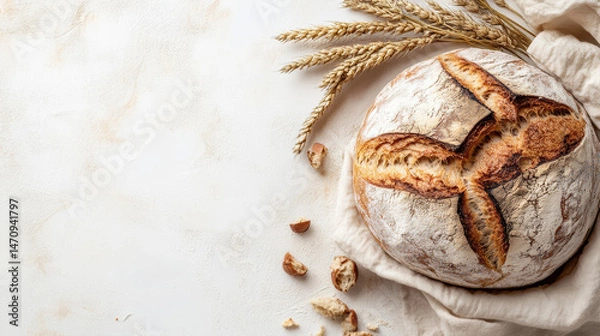 Fototapeta  Rustic loaf of freshly baked bread sitting on a white background 