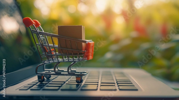 Fototapeta Shopping cart with a small box on a laptop keyboard, isolated on a white background