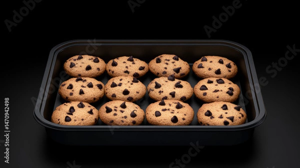 Fototapeta Soft cookies neatly arranged in a black tray, featuring a delicious display