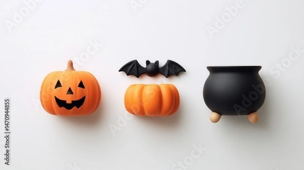 Obraz Halloween decorations including a jack - o - lantern, a small pumpkin, a black bat, and a cauldron on a white background. Festive and spooky design for Halloween themes.
