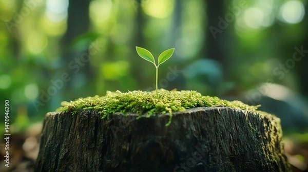 Fototapeta Small plant sprouting from the center of a mosscovered tree stump in a lush forest closeup shot with a shallow depth of field highlighting new life in nature