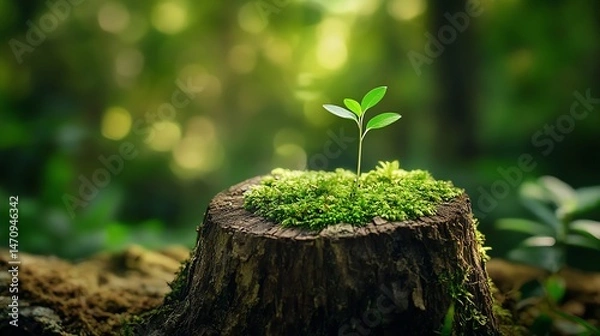 Fototapeta Small plant sprouting from the center of a mosscovered tree stump in a lush forest closeup shot with a shallow depth of field highlighting new life in nature