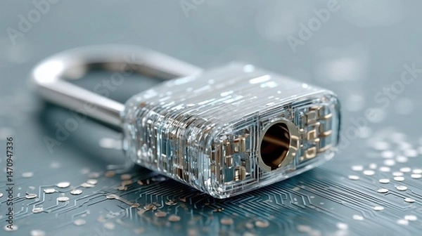 Obraz Transparent padlock with internal circuit details on a circuit board, symbolizing digital security and modern technology.