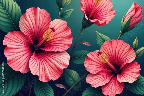 Fototapeta Bold hibiscus print, stylized petals, bold colors , flower, bright