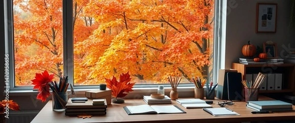 Obraz Cozy autumn workspace with office supplies by a large window overlooking vibrant fall foliage, mouse, work