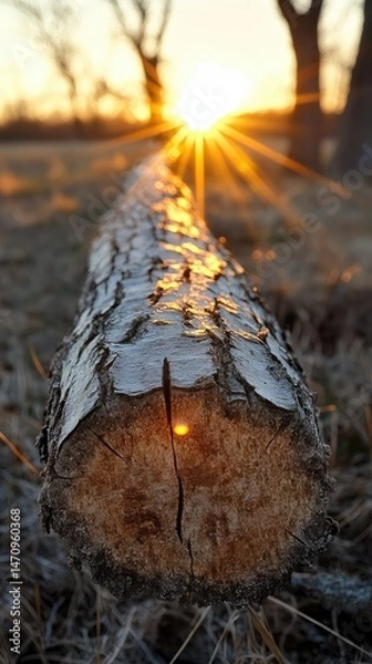 Fototapeta Fallen log at sunrise, golden light