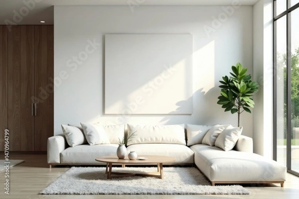 Fototapeta Modern Minimalist Living Room Interior Design with Large Sectional Sofa and Natural Light