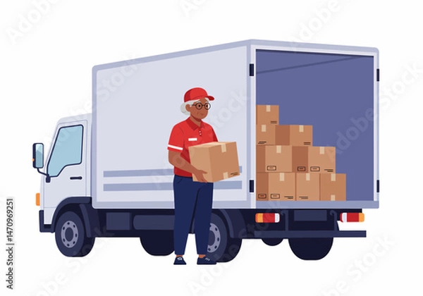 Fototapeta Delivery Woman Unloading Boxes from a White Cargo Truck