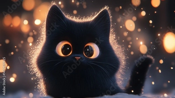 Fototapeta Adorable Black Kitten in a Sparkling Winter Night Scene: A Digital Painting of a Cute Feline