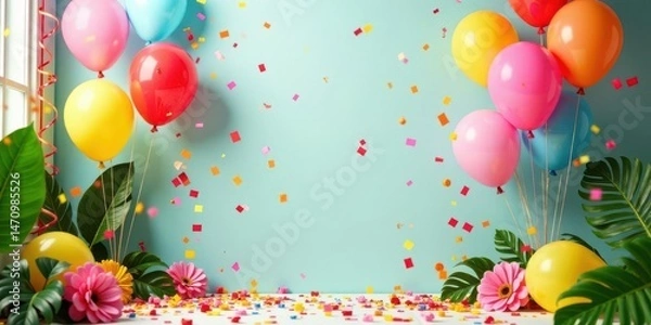 Fototapeta A vibrant celebration scene with colorful balloons and confetti, surrounded by lush tropical leaves and flowers, creating a festive and joyful atmosphere for a birthday or special event.