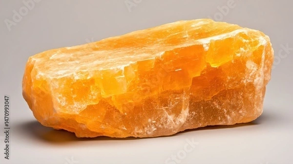 Fototapeta Translucent Orange Calcite Mineral Specimen on Neutral Backdrop with Fine Texture and Studio Lighting