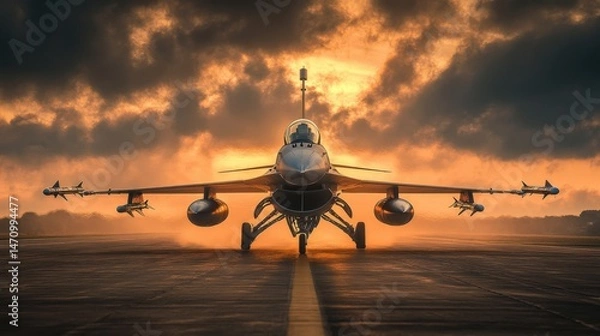 Obraz Fighter Jet on Runway with Missiles and Sunset Background