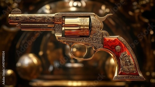 Fototapeta Ornate gold revolver, intricate carvings, detailed design