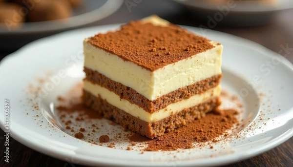 Fototapeta Individual tiramisu portion, dusted with cocoa, showcasing rich texture , yummy, single serving, coffee dessert