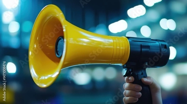 Fototapeta Close-up of a Yellow Megaphone Held by a Hand Against a Blurred City Lights Background Announcing Important News or Making an Announcement