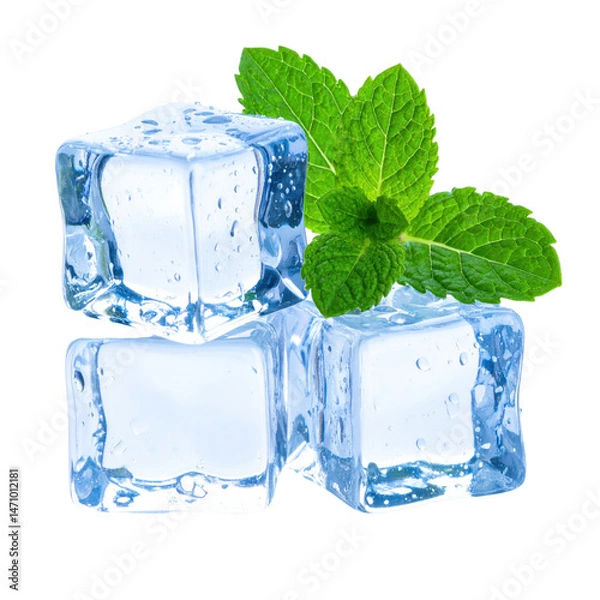 Obraz ice cubes and mint leaves isolated on white background png