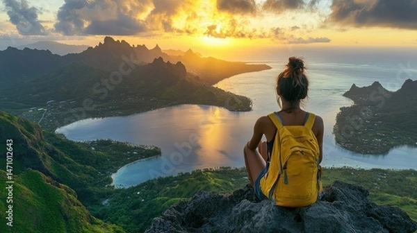 Fototapeta Sunset vista from mountaintop.  Traveler sits in contemplation