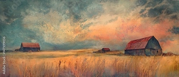 Obraz Rustic Barn Landscape at Dusk