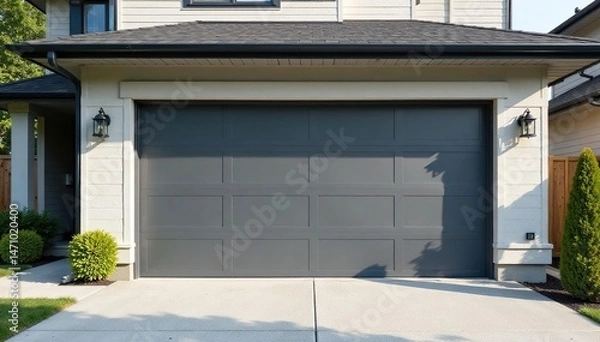 Fototapeta Modern gray sectional garage door installed in a new home's garage Clean lines and simple design , property, garage detail