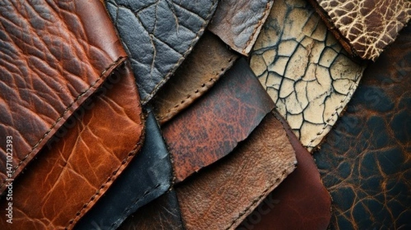 Fototapeta Various textures of leather pieces showcasing rich colors and patterns
