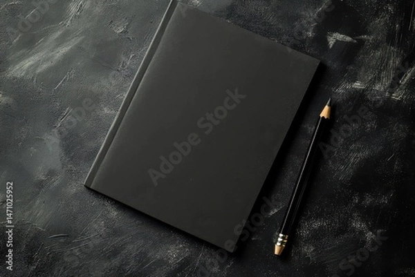 Fototapeta A black notebook and pencil rest on a dark textured surface