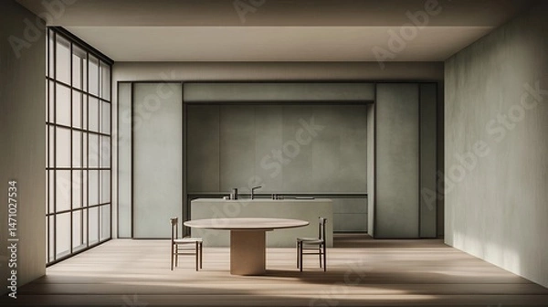 Fototapeta Modern minimalist kitchen with natural tones.  Sleek design, open concept,  focused on natural light.  Neutral color palette, simple lines and a minimalist aesthetic