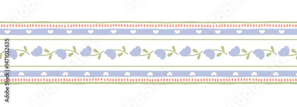Obraz Blue flowers with green leaves seamless border pattern on dotted white background with hearts and stripes. Vector cute cartoon hand drawn illustration.