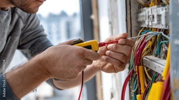 Fototapeta Electrician performing troubleshooting on wiring in a residential building during daytime