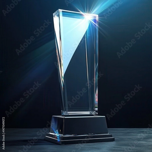 Fototapeta Blank glass trophy mockup, Empty acrylic award design mock up. Transparent crystal prize plate template.