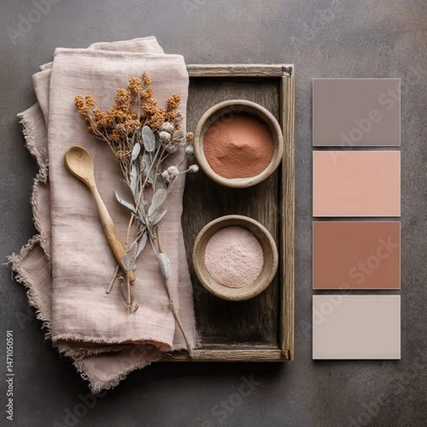 Fototapeta top view of a moodboard with color palette. Colors to use are warm gray, terracotta or antique pink and brown. Include natural fabrics and earthy powders. Also include natural.