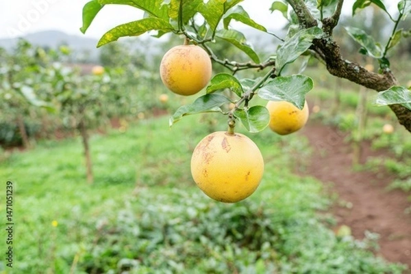 Fototapeta Yellow citrus fruits on tree in orchard