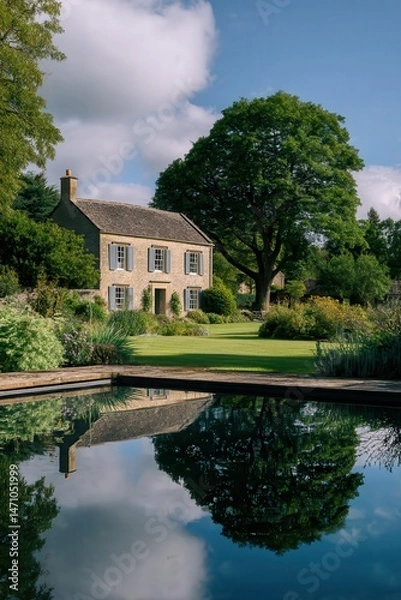 Fototapeta An architectural photograph of an old manor house in the beautiful landscape of The Cotswolds, featuring rolling green hills, quaint stone cottages, and large garden with very tall.