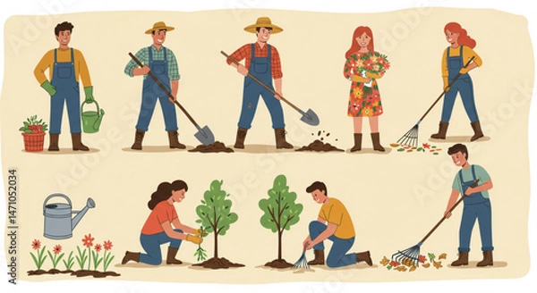 Fototapeta Gardening people with tools for commercial use, flat vector style