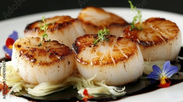 Fototapeta Delicious Pan-Seared Scallops with Balsamic Glaze and Garnish, Gourmet Seafood Dish, Fine Dining Experience