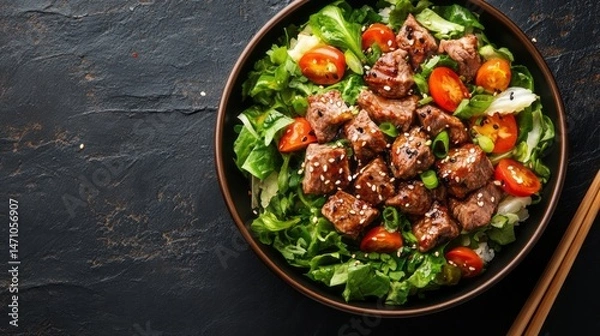Fototapeta Delicious, seasoned beef salad bowl with vegetables.