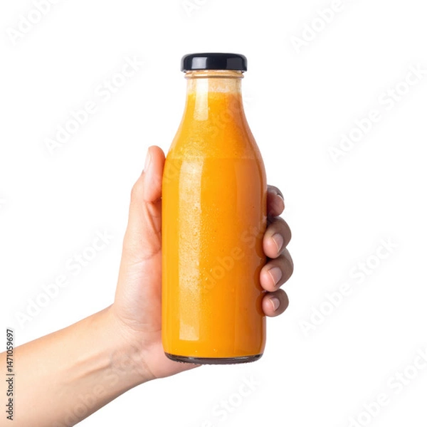 Obraz hand holding cold pressed juice bottle on white background png