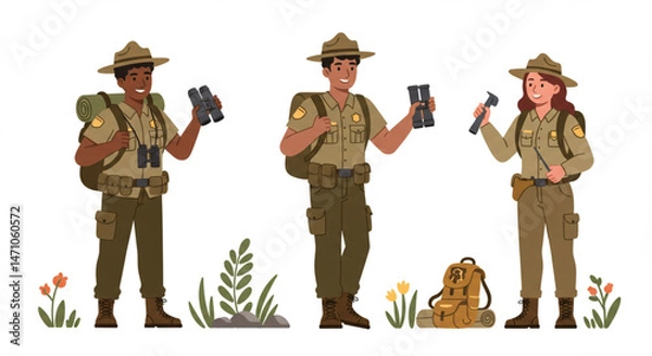 Fototapeta National park ranger and conservation for commercial use, flat vector style