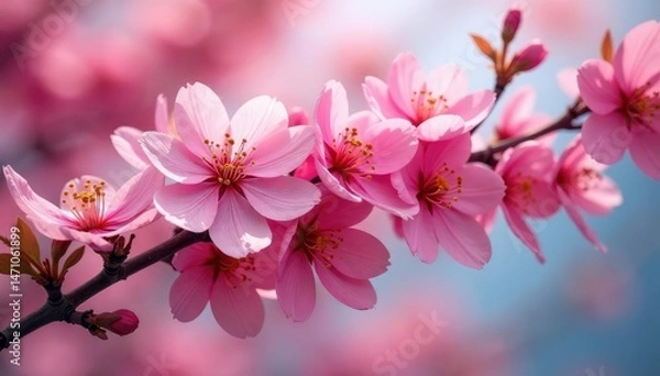Fototapeta Bold pink sakura blooms, overlapping petals, vibrant background , design, background