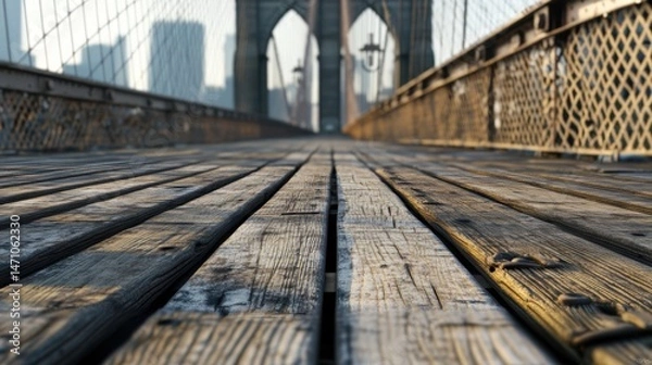 Fototapeta Wooden Walkway on the Iconic Brooklyn Bridge: A Close-Up Perspective of Weathered Planks and Cityscape Glimpses