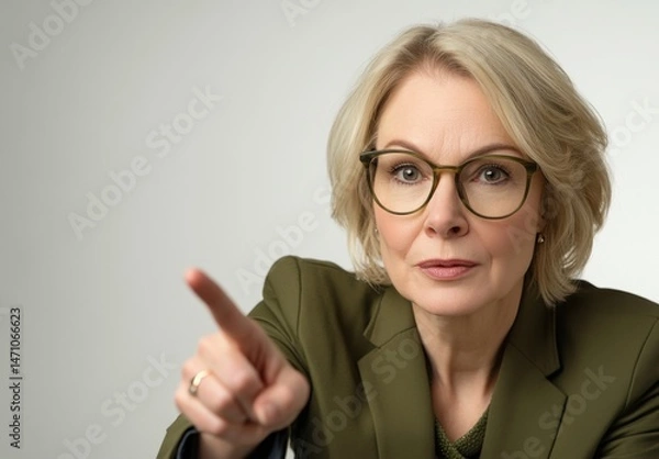 Fototapeta Portrait of a Confident Mature Woman Pointing with Determination and Purposeful Gaze