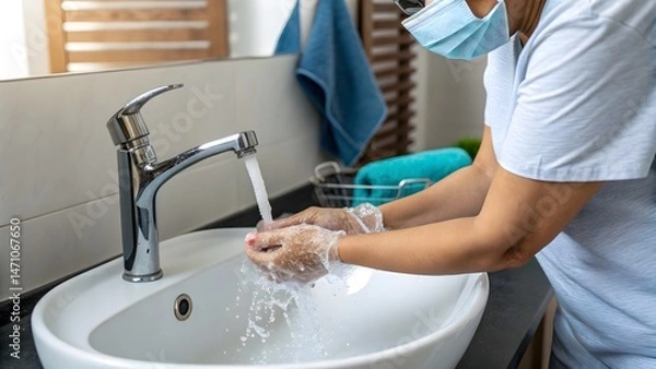 Fototapeta Photograph showing hands being washed under running water with soap, emphasizing the importance of hand hygiene in preventing disease transmission. Ideal for health campaigns and educational.