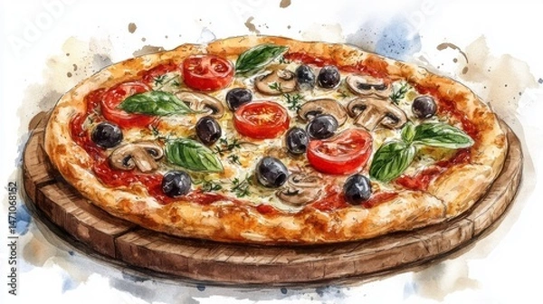 Obraz Hand-drawn illustration of a delicious pizza on a wooden board.