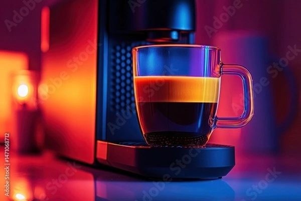 Fototapeta Vibrant coffee brewing scene with a sleek machine and illuminated cup in a cozy setting
