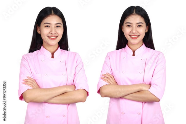 Fototapeta   Set of Portrait of a beautiful, smiling Asian young girl in a pink chef's uniform, standing with her arms crossed, isolated on a transparent background