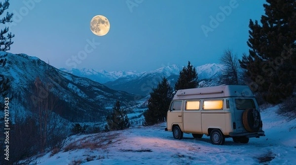 Obraz Moonlit escape, winter solitude with a vintage van under starry skies
