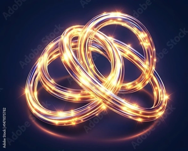Fototapeta Three glowing metallic rings interlocked, casting a warm light against a dark blue background