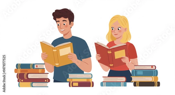 Fototapeta Young man and woman reading near books stack for commercial use, vector style