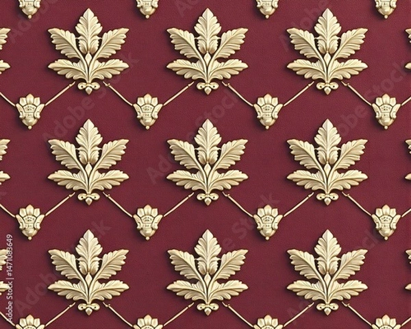 Obraz A repeating pattern of ornate gold leaf floral designs on a rich burgundy background