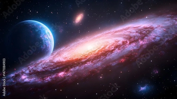 Fototapeta A vibrant, swirling galaxy with a blue planet in the foreground